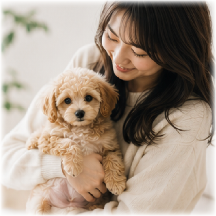 女性が子犬を抱いている様子